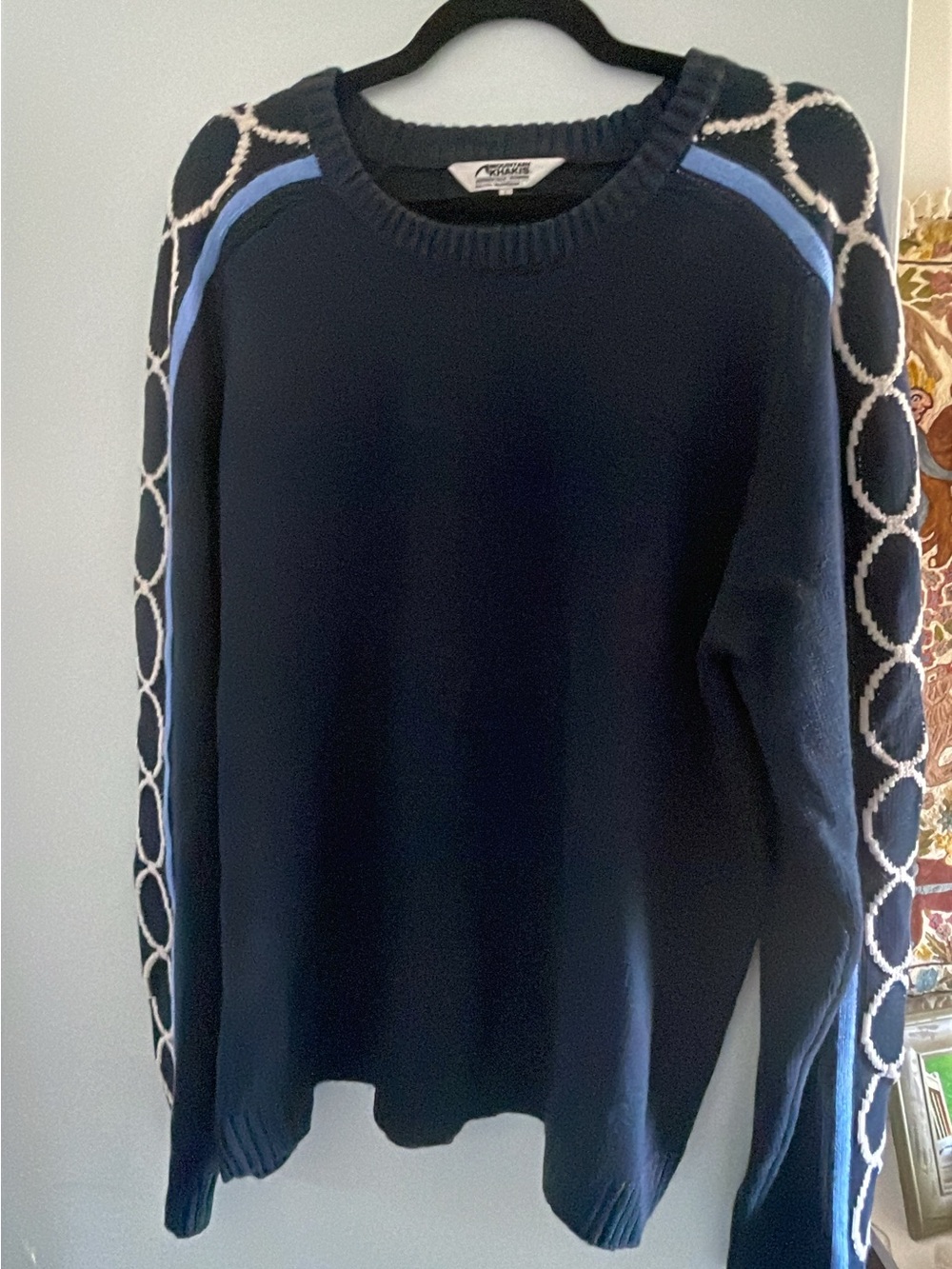 Men’s Navy Crewneck Sweater with Patterned Sleeves~MOUNTAIN KHAKIS~SIZE L